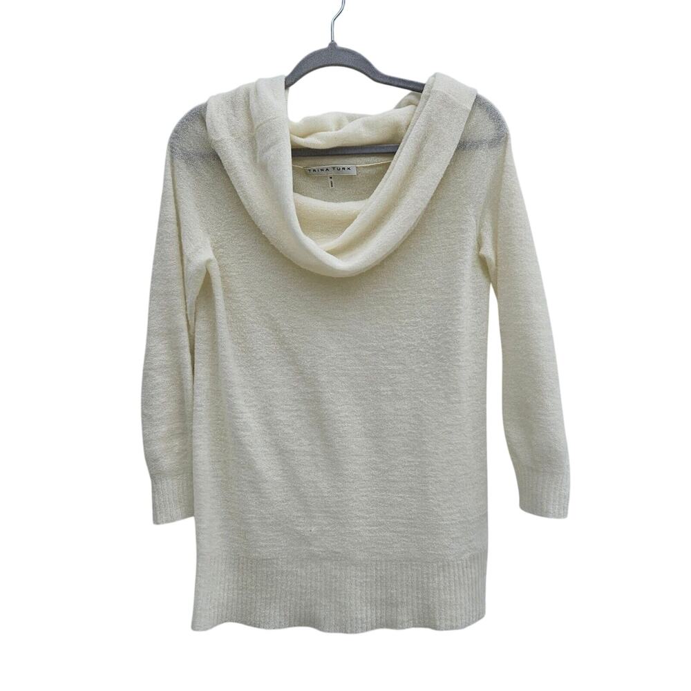 Trina Turk Sweater Womens Medium Ivory Wool Cowl Neck Stretch Minimalist‎ Thin